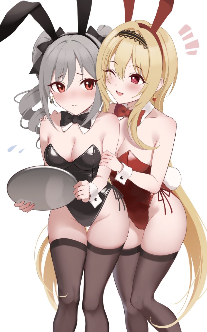 2girls, animal_ears, arm_grab, bare_shoulders, black_bow, black_bowtie, black_leotard, black_thighhighs