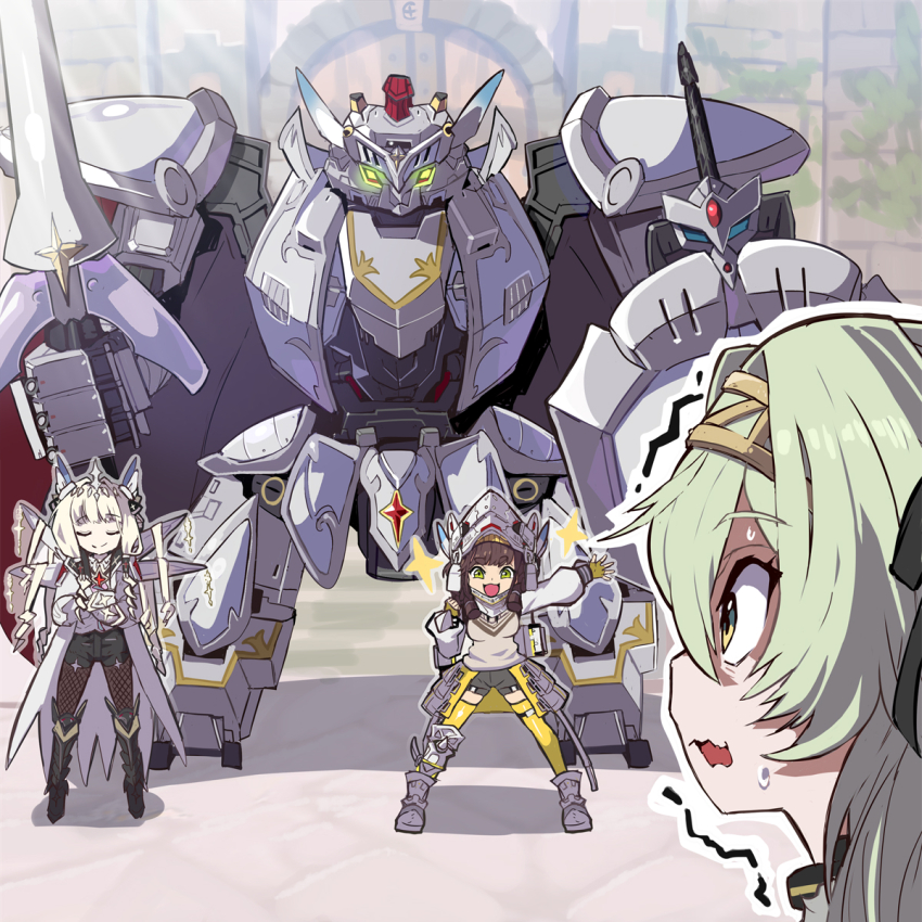 3girls, armored_boots, black_ribbon, black_shorts, blonde_hair, boots, braid, braided_ponytail, brown_hair, brown_pantyhose, brown_sweater, chime_(nikke), coat, collared_shirt, cosplay, crossed_arms, crown_(nikke), diadem, drill_hair, goddess_of_victory:_nikke, green_eyes, green_hair, gundam, hair_ornament, hair_ribbon, hairband, headgear, helmet, highres, holding, holding_weapon, humanoid_robot, jewelry, kilo_(nikke), lance, long_hair, mecha, multiple_girls, necklace, pantyhose, polearm, ribbon, robot, sd_gundam, shirt, shorts, sleeveless, sleeveless_sweater, sweater, syope, talos_(nikke), versal_knight_gundam, weapon, white_coat, white_shirt