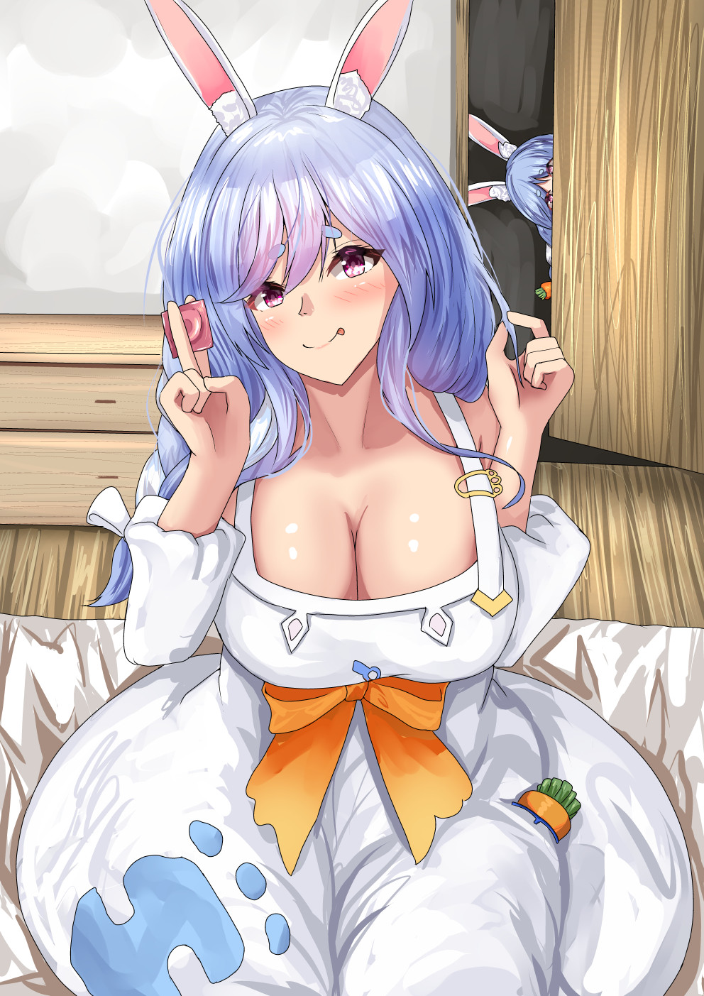 2girls, animal_ear_fluff, animal_ears, blue_hair, blush, braid, braided_ponytail, breasts, carrot_hair_ornament, carrot_in_pocket, cleavage, condom, condom_wrapper, dress, food-themed_hair_ornament, hair_ornament, hair_over_shoulder, highres, holding, holding_condom, hololive, jelilianamiku, large_breasts, looking_at_viewer, mature_female, mother_and_child, mother_and_daughter, multiple_girls, orange_eyes, parent_and_child, pekomama, rabbit_ears, rabbit_girl, short_eyebrows, smile, tongue, tongue_out, usada_pekora, virtual_youtuber, white_dress, white_hair