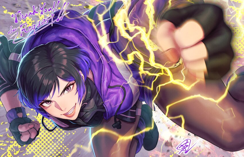 1girl, belt_collar, black_sports_bra, choker, collar, colored_tips, electric_wind_god_fist, electricity, fujii_eishun, grey-tinted_eyewear, highres, jacket, leg_warmers, multicolored_hair, multicolored_jacket, purple_jacket, purple_leg_warmers, reina_(tekken), short_hair, smile, sports_bra, sports_bra_over_clothes, tekken, tekken_8, tinted_eyewear, torn_choker, torn_clothes, two-tone_jacket