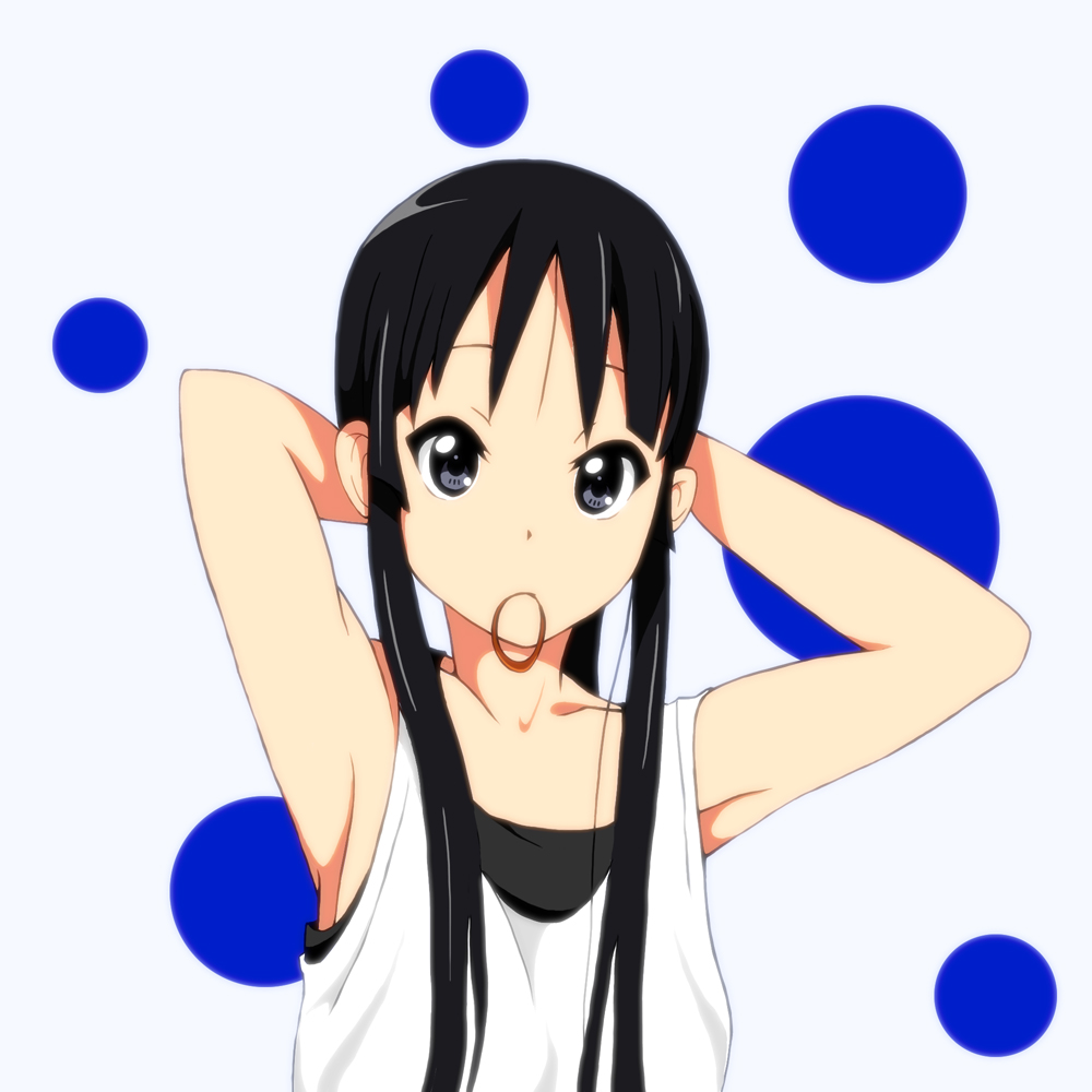 00s, 1girl, adjusting_hair, akiyama_mio, armpits, arms_up, bad_id, bad_pixiv_id