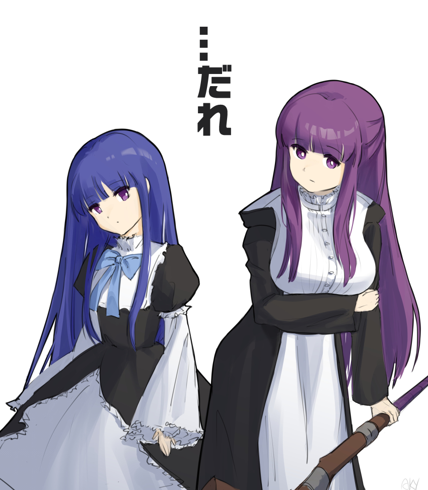 absurdres, blue_bow, blue_hair, bow, fern_(sousou_no_frieren), frederica_bernkastel, highres, long_hair