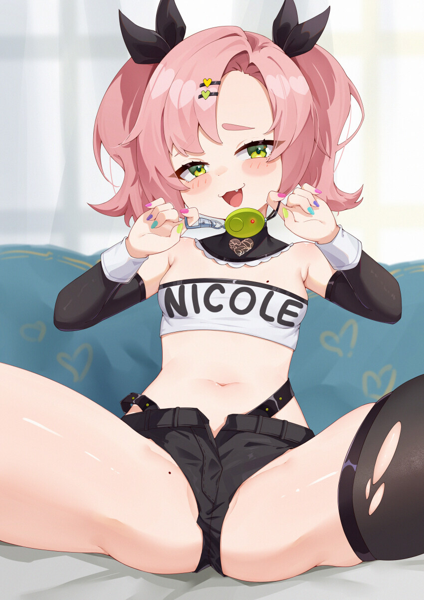 1girl, :3, :d, absurdres, aged_down, bandeau, black_ribbon, black_shorts, blue_eyes, blush, breasts, character_name, clothes_writing, commentary_request, crime_prevention_buzzer, crime_prevention_buzzer_threat, detached_sleeves, fang, green_eyes, green_nails, hair_ribbon, head_tilt, highres, indoors, loli, long_sleeves, looking_at_viewer, maozi_tutu, mesugaki, midriff, mole, mole_on_breast, multicolored_nails, nail_polish, navel, nicole_demara, open_mouth, partially_visible_vulva, pink_hair, pink_nails, ribbon, short_hair, short_shorts, shorts, sitting, smile, solo, spread_legs, stomach, strapless, thighs, tube_top, twintails, zenless_zone_zero