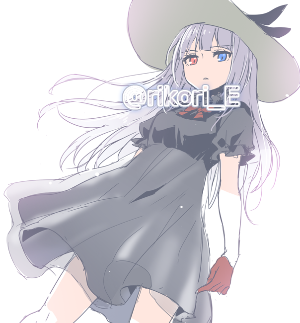 1girl, black_dress, blue_eyes, breasts, dress, heterochromia, long_hair, luminous_valentine