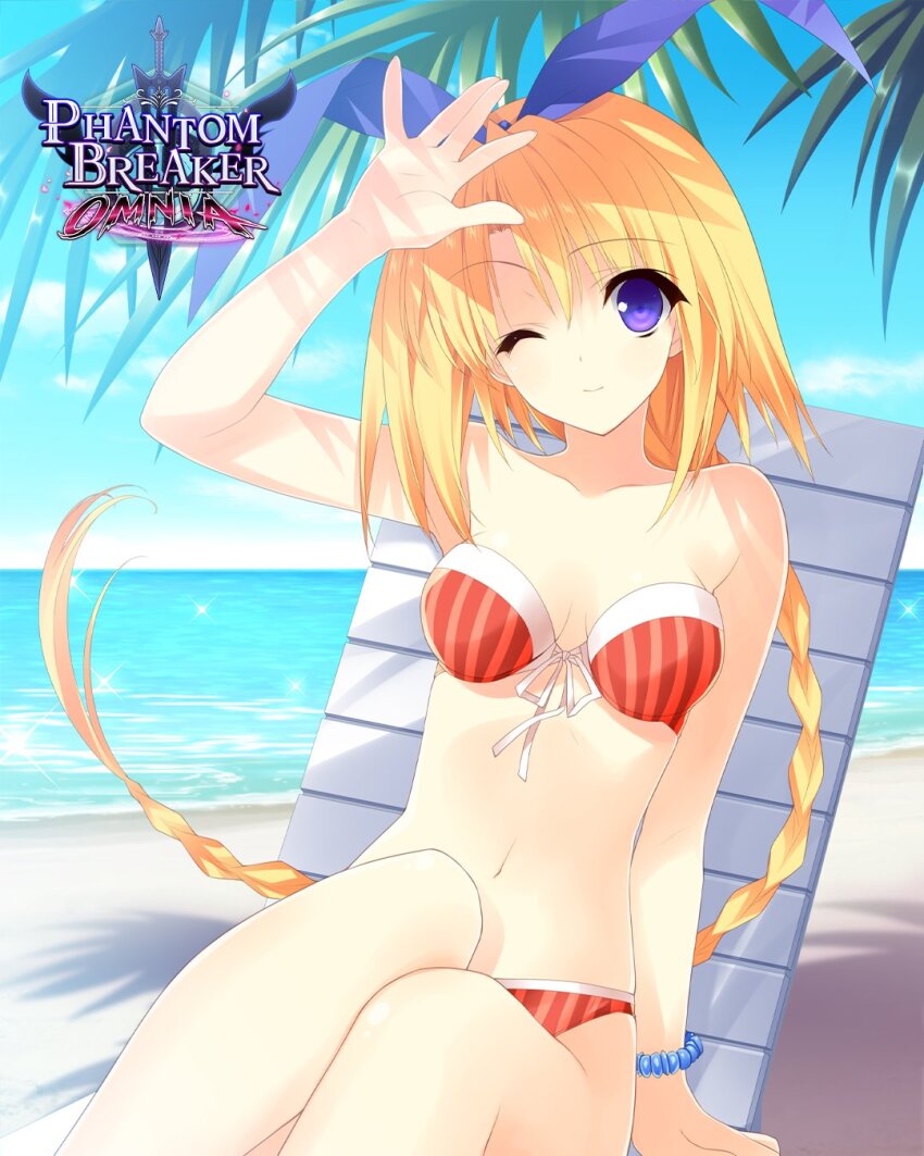 1girl, arm_support, arm_up, armpit_peek, beach, bikini, blonde_hair, blue_eyes, braid, breasts, cleavage, hair_ribbon, highres, legs, long_hair, looking_at_viewer, medium_breasts, navel, ocean, official_art, one_eye_closed, phantom_breaker, ribbon, sitting, smile, solo, sophia_karganova, swimsuit, thighs, very_long_hair, water, wink