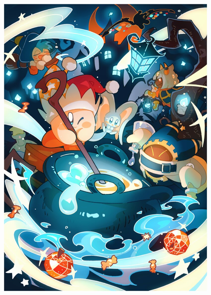 ^_^, absurdres, apple, bare_tree, beam_kirby, blue_eyes, blue_fire, blue_hat