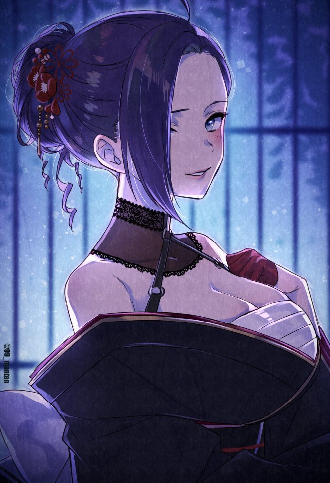 1girl, black_kimono, blush, breasts, chest_sarashi, cleavage, flower, gloves