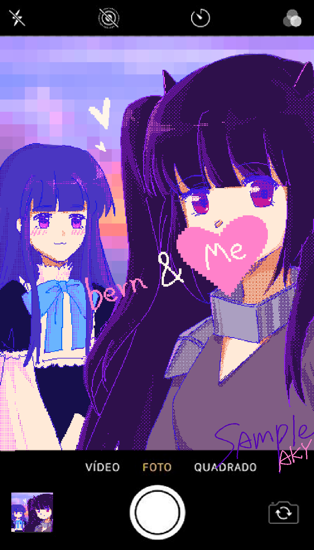 2girls, blue_bow, blue_hair, blush, bow, cellphone_photo, frederica_bernkastel, heart, highres, jill_stingray, long_hair, multiple_girls, pixel_art, purple_eyes, purple_hair, red_fish, ribbon, selfie, twintails, umineko_no_naku_koro_ni, va-11_hall-a