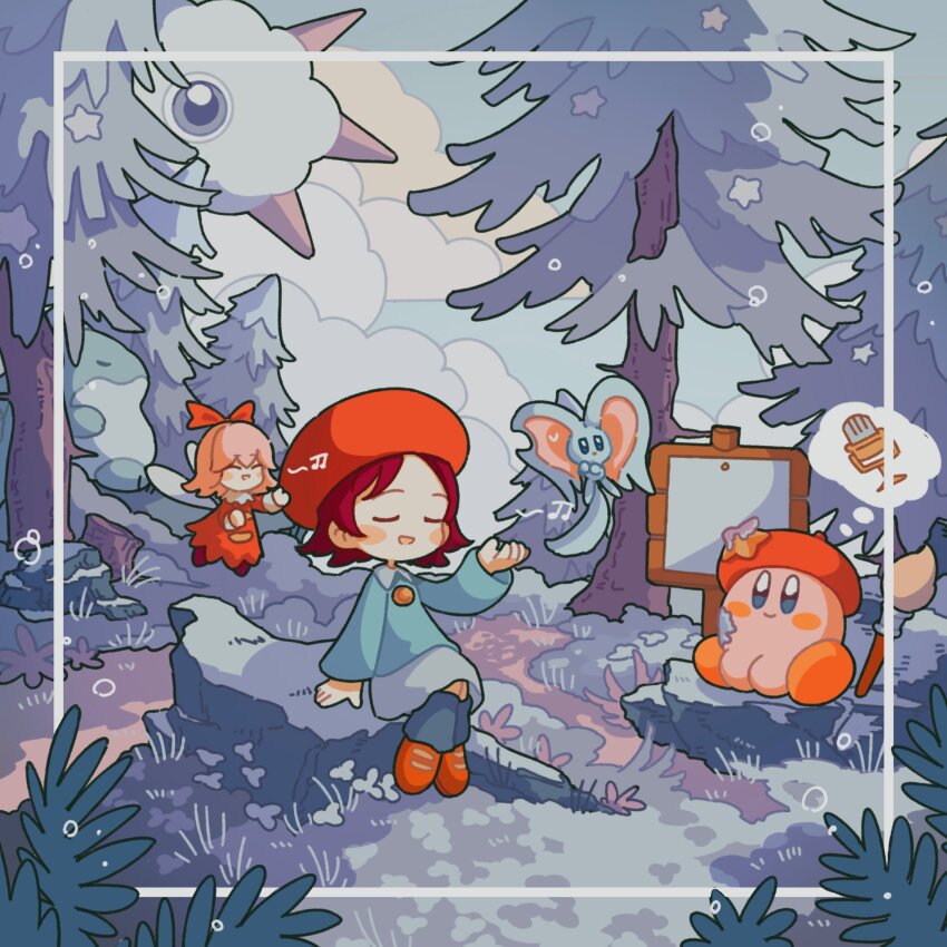 2girls, :d, ^_^, adeleine, beamed_eighth_notes, beret, black_socks, blue_eyes, blue_sky, blush, blush_stickers, brown_hair, closed_eyes, closed_mouth, cloud, cloudy_sky, collared_shirt, copy_ability, day, dress, elfilin, fairy, fairy_wings, forest, glef_life, grass, green_shirt, grey_skirt, hair_between_eyes, hair_ribbon, hand_up, hands_up, hat, hat_ornament, highres, ice_dragon_(kirby), kirby, kirby_(series), kracko, long_sleeves, loose_socks, microphone, multiple_girls, music, musical_note, nature, nintendo, notched_ear, on_ground, one-eyed, open_mouth, outdoors, paint_kirby, paintbrush, parted_bangs, path, pine_tree, pink_hair, plant, red_dress, red_footwear, red_hat, red_ribbon, ribbon, ribbon_(kirby), road, rock, shirt, shoes, short_hair, sign, singing, sitting, skirt, sky, smile, socks, speech_bubble, spikes, star_(symbol), star_hat_ornament, sweatdrop, thought_bubble, tree, tree_stump, u_u, wings