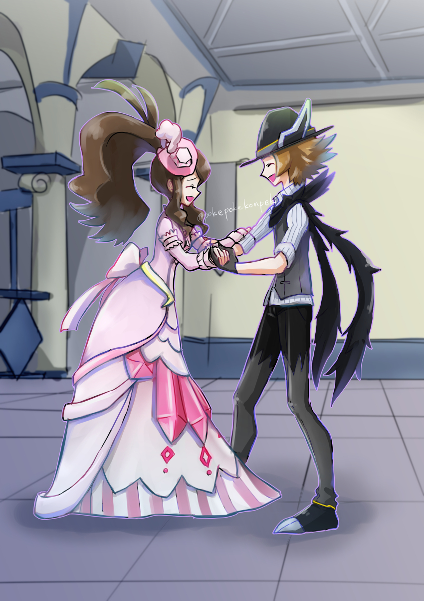1boy, 1girl, absurdres, black_gloves, black_hat, closed_eyes, dress, full_body