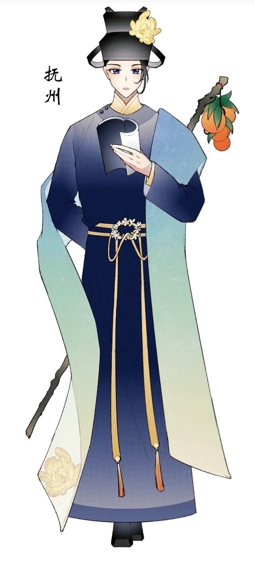 1boy, black_footwear, blue_eyes, book, carrot, chinese_clothes, chinese_text, chrysanthemum