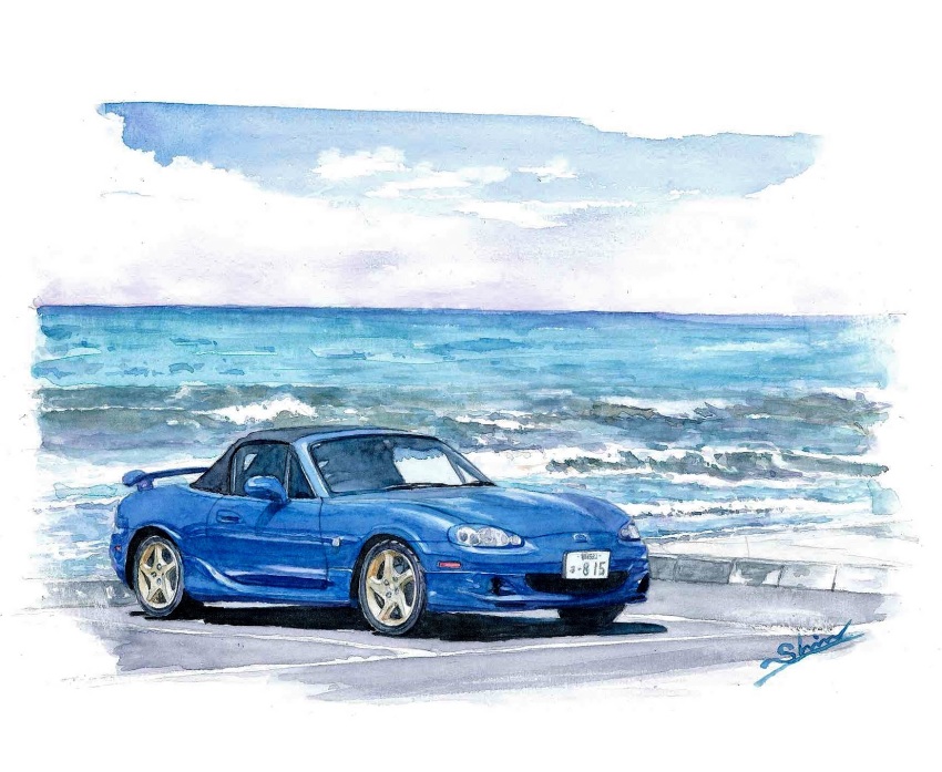 artist_name, blue_car, car, cloud, eunos_roadster, highres, license_plate, mazda