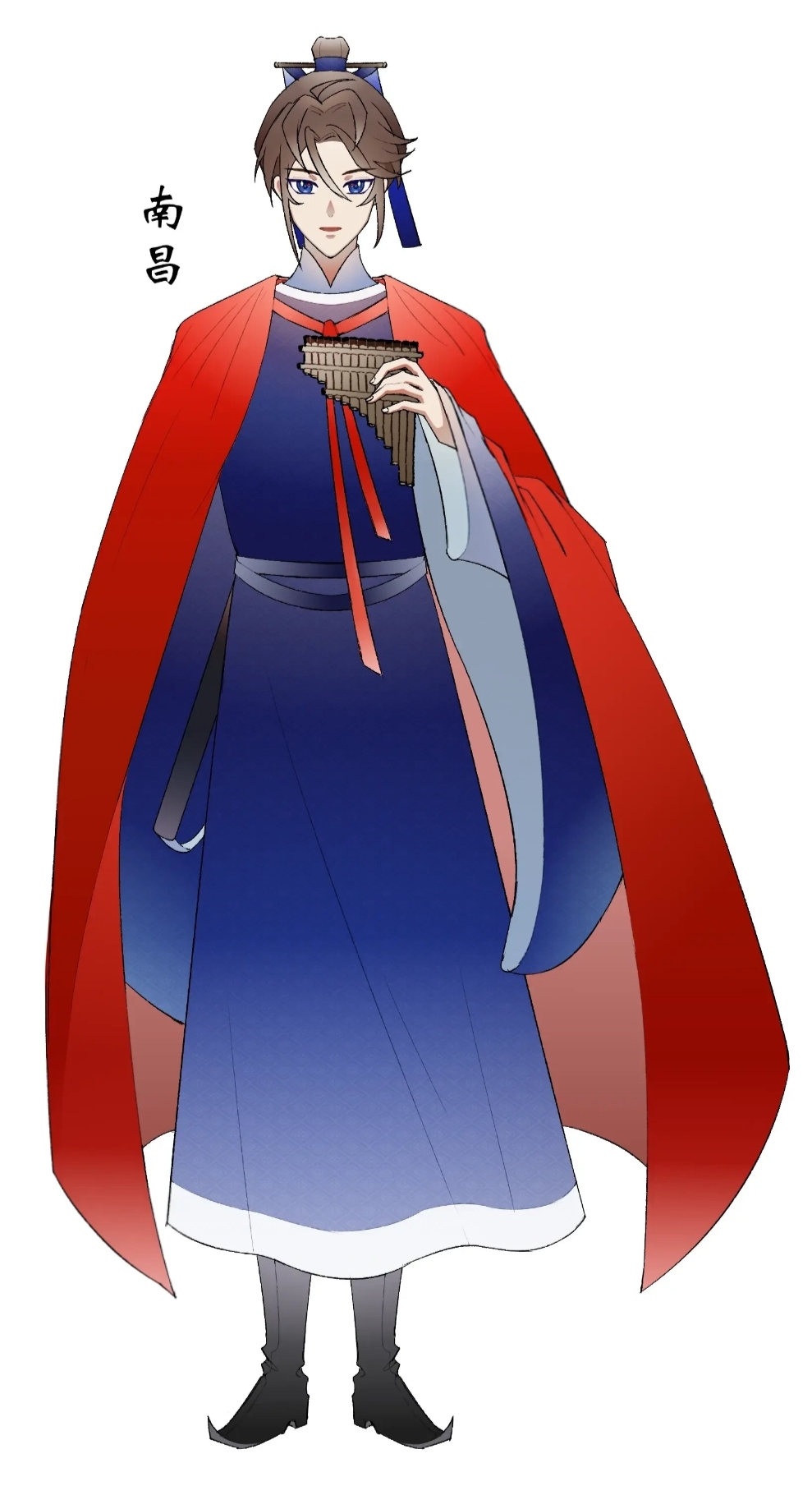 1boy, black_boots, blue_eyes, boots, brown_hair, cape, chinese_clothes, chinese_text