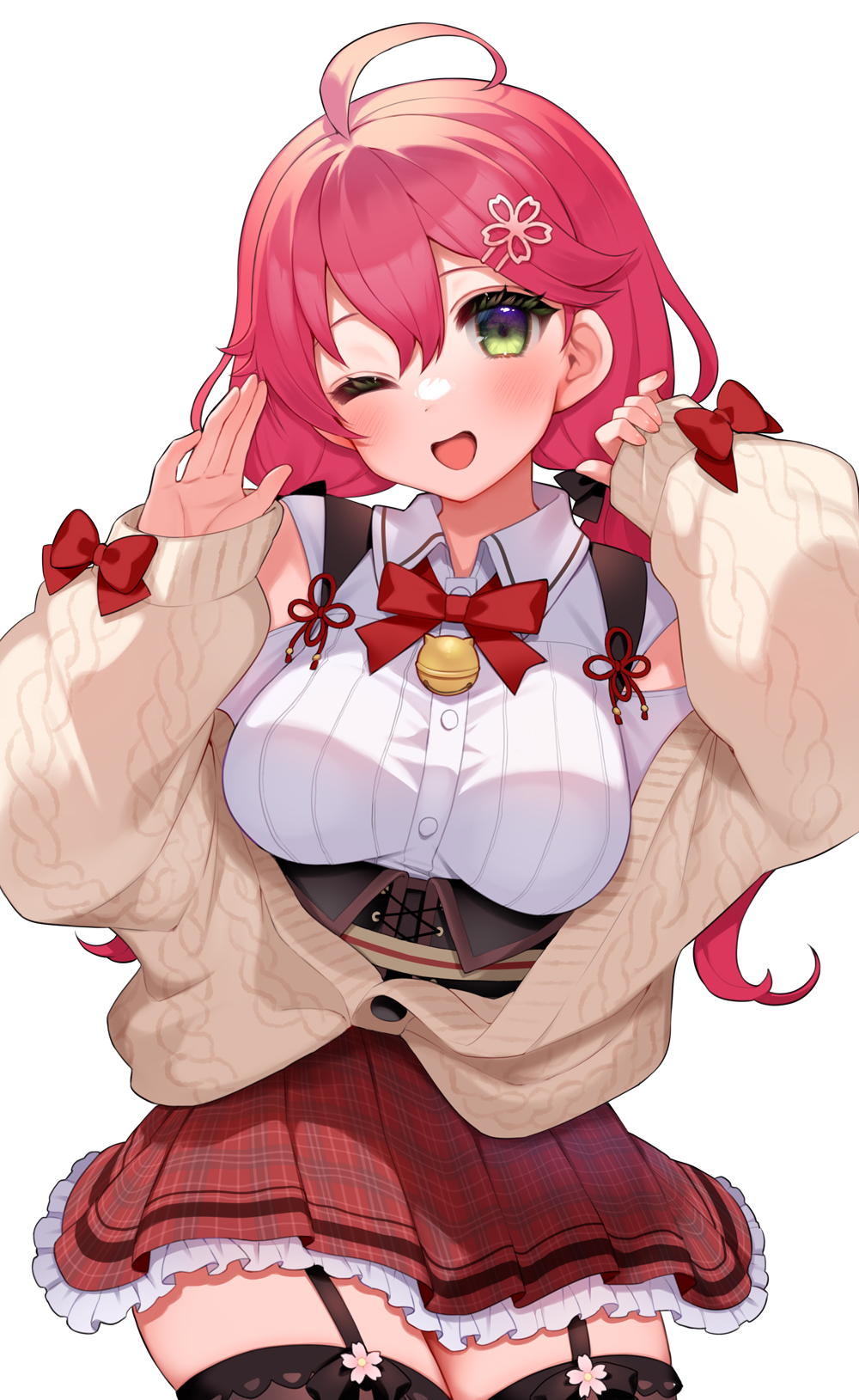 1girl, ;d, ahoge, alternate_costume, alternate_hairstyle, bell, black_thighhighs, blush