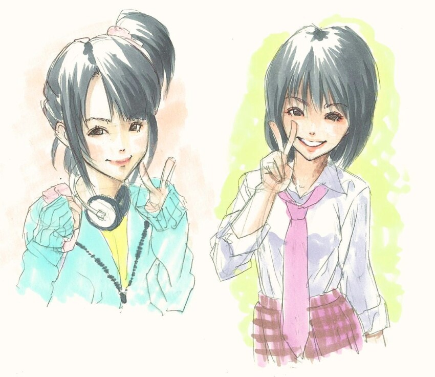 1girl, animification, black_eyes, black_hair, blue_hoodie, collared_shirt, hair_behind_ear, headphones