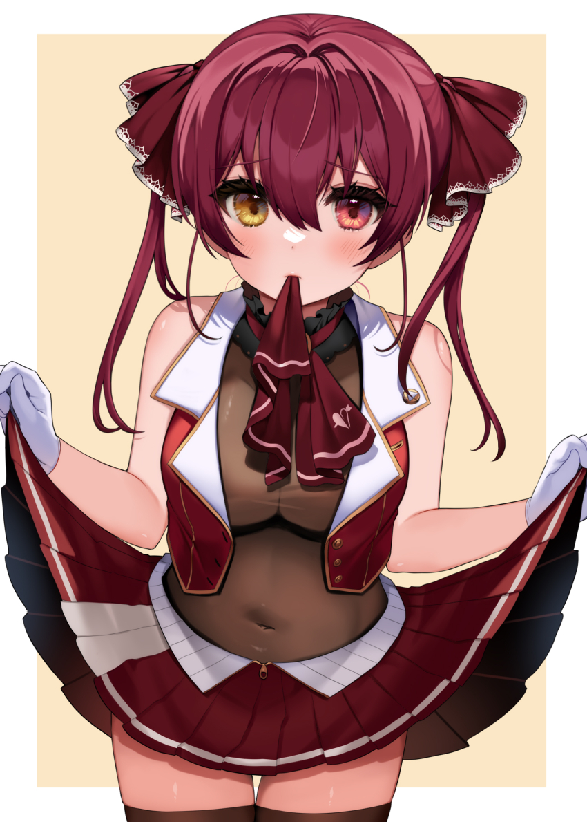 1girl, ascot, bare_shoulders, black_choker, black_thighhighs, blush, breasts, buttons