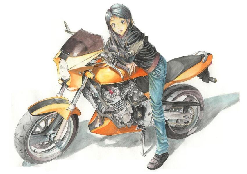 1girl, black_eyes, black_hair, black_jacket, black_shoes, blue_pants, brown_shirt, denim, engine, hair_behind_ear, honda, honda_cb250r, jacket, jeans, leather, leather_jacket, looking_at_viewer, motor_vehicle, motorcycle, original, pants, shadow, shin_osawa, shirt, shoes, short_hair, simple_background, smile, sneakers, solo, traditional_media, vehicle_focus, watercolor_pencil_(medium), white_background