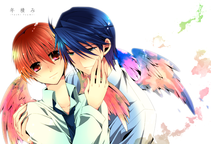 10s, 2boys, angel_beats!, bad_id, bad_pixiv_id, blue_hair, brown_hair, green_eyes