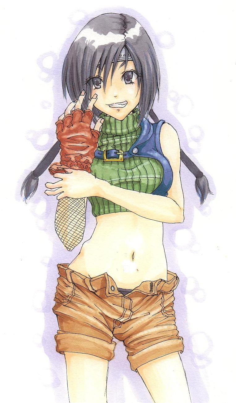 1girl, black_eyes, black_hair, black_panties, breasts, brown_shorts, cropped_sweater, final_fantasy, final_fantasy_vii, gloves, green_sweater, headband, highres, marker_(medium), medium_breasts, navel, open_clothes, open_fly, open_shorts, panties, red_gloves, shin_osawa, short_hair, shorts, single_glove, sleeveless, sleeveless_sweater, smile, solo, sweater, traditional_media, turtleneck, turtleneck_sweater, underwear, yuffie_kisaragi