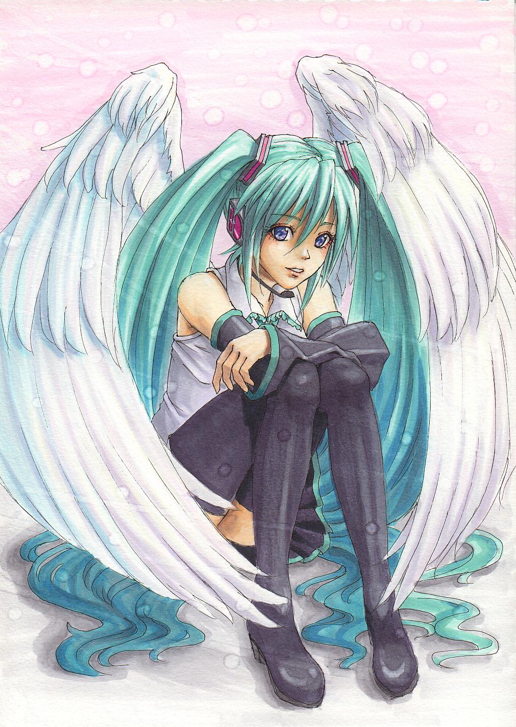 1girl, angel_wings, black_boots, black_skirt, blue_eyes, blue_hair, boots, collared_shirt