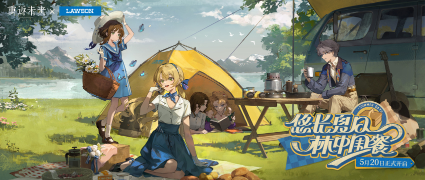 1boy, 4girls, :d, acoustic_guitar, adjusting_hair, anne_(reverse:1999), arm_support, arm_up