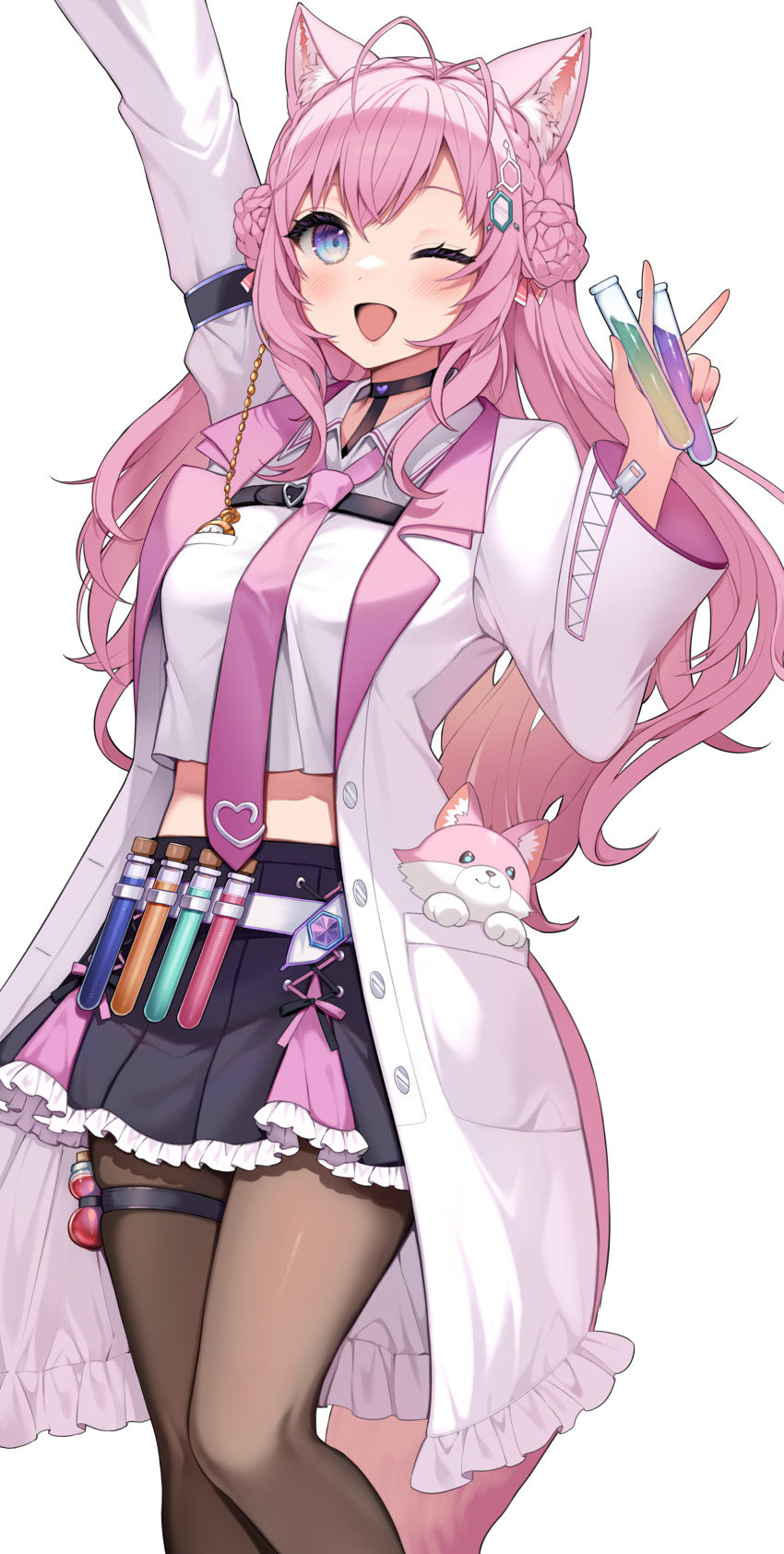 1girl, ;d, absurdres, animal_ear_fluff, animal_ears, antenna_hair, arm_up, armband