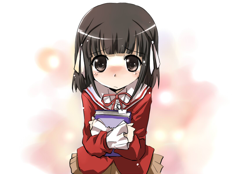 1girl, black_eyes, black_hair, blush, book, female_focus, from_above, hime_cut, holding, holding_book, hugging_book, hugging_object, kami_nomi_zo_shiru_sekai, school_uniform, serafuku, shiomiya_shiori, short_hair, solo, yugi_(magical-dreamer)