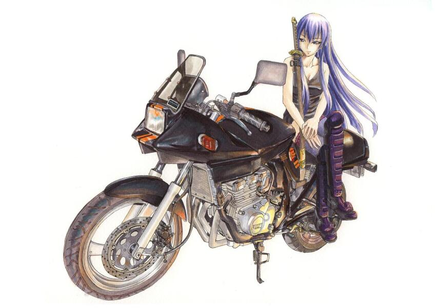 1girl, black_footwear, black_tank_top, blue_pants, boots, breasts, busujima_saeko, cleavage, denim, floating_hair, highres, highschool_of_the_dead, jeans, katana, long_hair, looking_to_the_side, marker_(medium), medium_breasts, motor_vehicle, motorcycle, pants, purple_hair, shin_osawa, simple_background, sitting, smile, suzuki_(company), suzuki_gsx-250s, sword, tank_top, traditional_media, vehicle_focus, very_long_hair, weapon, white_background