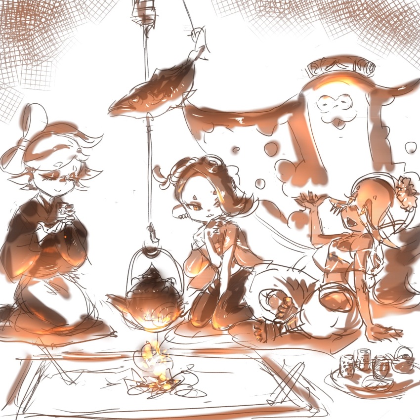 1boy, 3girls, bare_shoulders, big_man_(splatoon), bow-shaped_hair, closed_eyes, closed_mouth, clothing_cutout