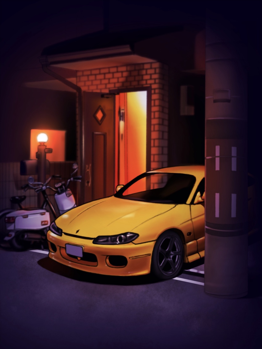 absurdres, car, highres, house, k.tofu, motor_vehicle, night, nissan, nissan_silvia, nissan_silvia_s15, no_humans, open_door, original, outdoors, scenery, scooter, shadow, vehicle_focus, yellow_car