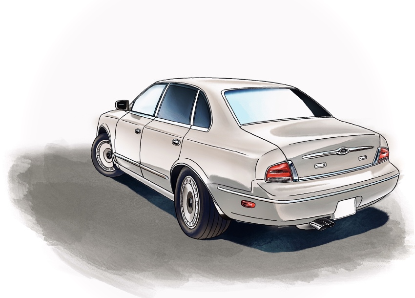 car, from_behind, grey_car, highres, k.tofu, motor_vehicle, nissan, nissan_president
