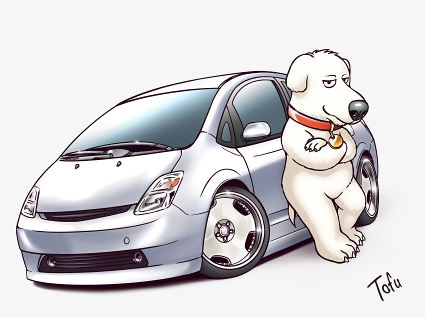 1boy, animal_ears, animification, artist_name, brian_griffin, car, collar, crossed_arms, dog_boy, dog_ears, family_guy, furry, furry_male, glint, grey_background, grey_car, highres, k.tofu, looking_at_viewer, motor_vehicle, red_collar, shadow, toyota, toyota_prius, vehicle_focus