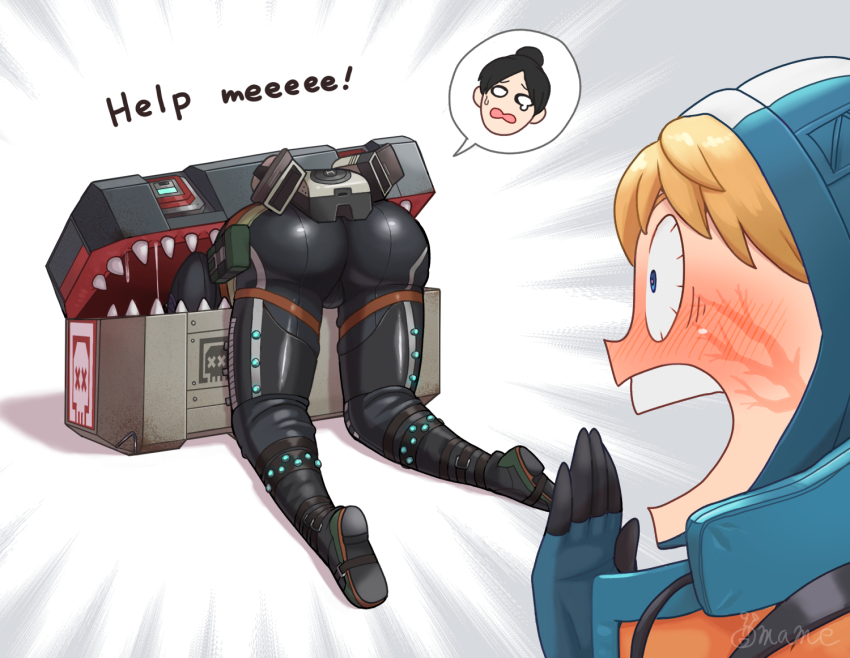 2girls, animification, apex_legends, ass, black_bodysuit, black_footwear, black_hair, blonde_hair, blue_eyes, blue_gloves, blush, bodysuit, boots, death_box_(apex_legends), emphasis_lines, english_text, frieren_stuck_in_a_mimic_(meme), gloves, hair_bun, jacket, meme, mimic, mimic_chest, multiple_girls, mutturi_mamer18, open_hand, open_mouth, orange_jacket, saliva, scared, sharp_teeth, single_hair_bun, sousou_no_frieren, speech_bubble, surprised, teeth, twitter_username, wattson_(apex_legends), wide-eyed, wraith_(apex_legends)