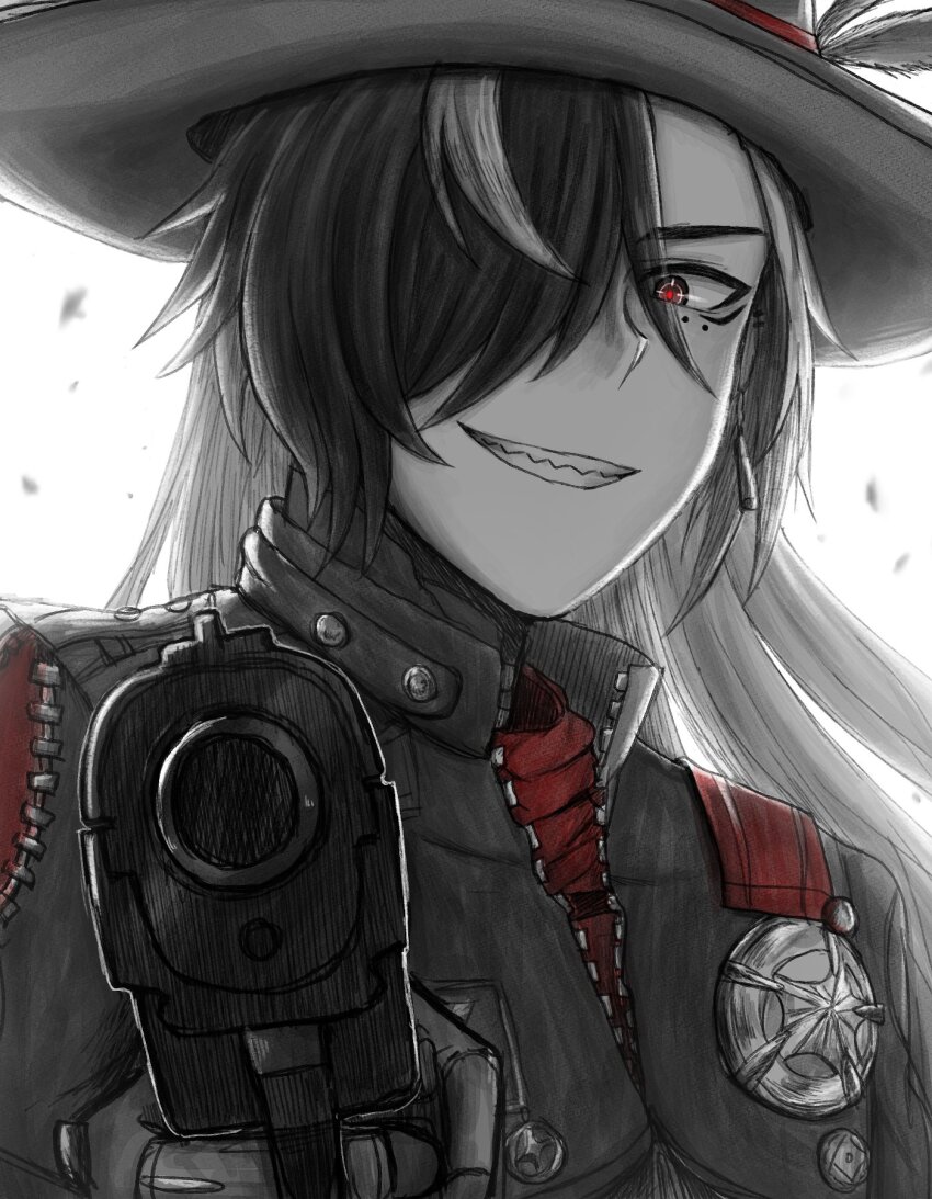 1boy, aiming, aiming_at_viewer, black_eyes, black_hat, black_jacket, boothill_(honkai:_star_rail), bullet_earrings