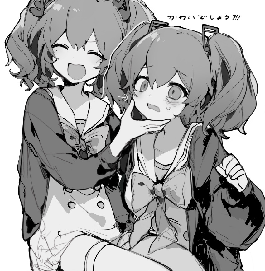 2girls, ^_^, bow, bowtie, buttons, closed_eyes, collared_jacket, commentary_request