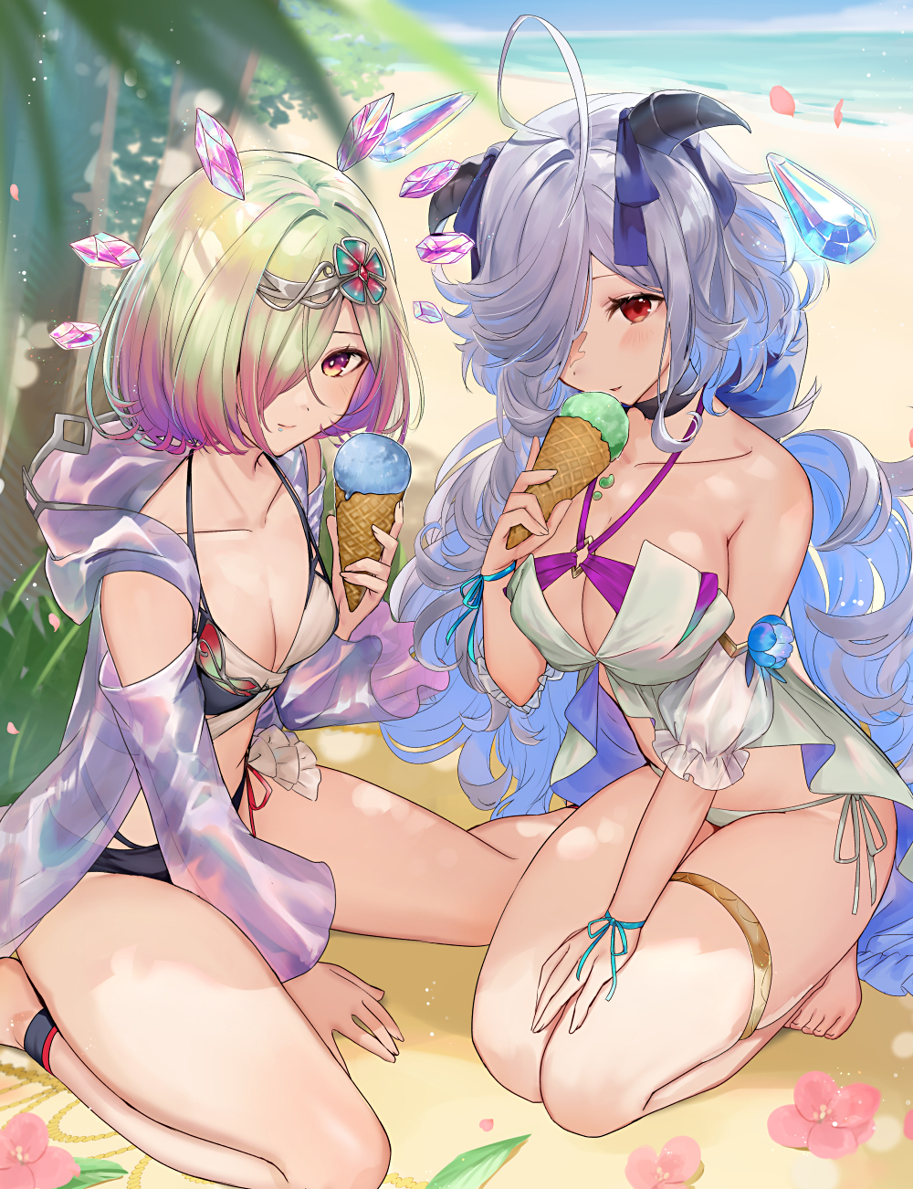 2girls, alternate_costume, barefoot, beach, bikini, black_bikini, black_horns, blue_sky, blush, breasts, cleavage, closed_mouth, collarbone, commentary_request, eitr_(fire_emblem), fingernails, fire_emblem, fire_emblem_heroes, food, food_on_body, food_on_face, goat_horns, gradient_hair, green_hair, grey_hair, hair_ornament, hair_over_one_eye, haru_(nakajou-28), highres, holding, holding_food, holding_ice_cream_cone, horns, ice_cream, ice_cream_cone, jewelry, kvasir_(fire_emblem), long_hair, medium_breasts, multicolored_hair, multiple_girls, nintendo, ocean, one_eye_covered, outdoors, palm_tree, red_eyes, red_hair, short_hair, sitting, sky, small_breasts, smile, swimsuit, toes, tree, very_long_hair, water, wavy_hair, white_bikini