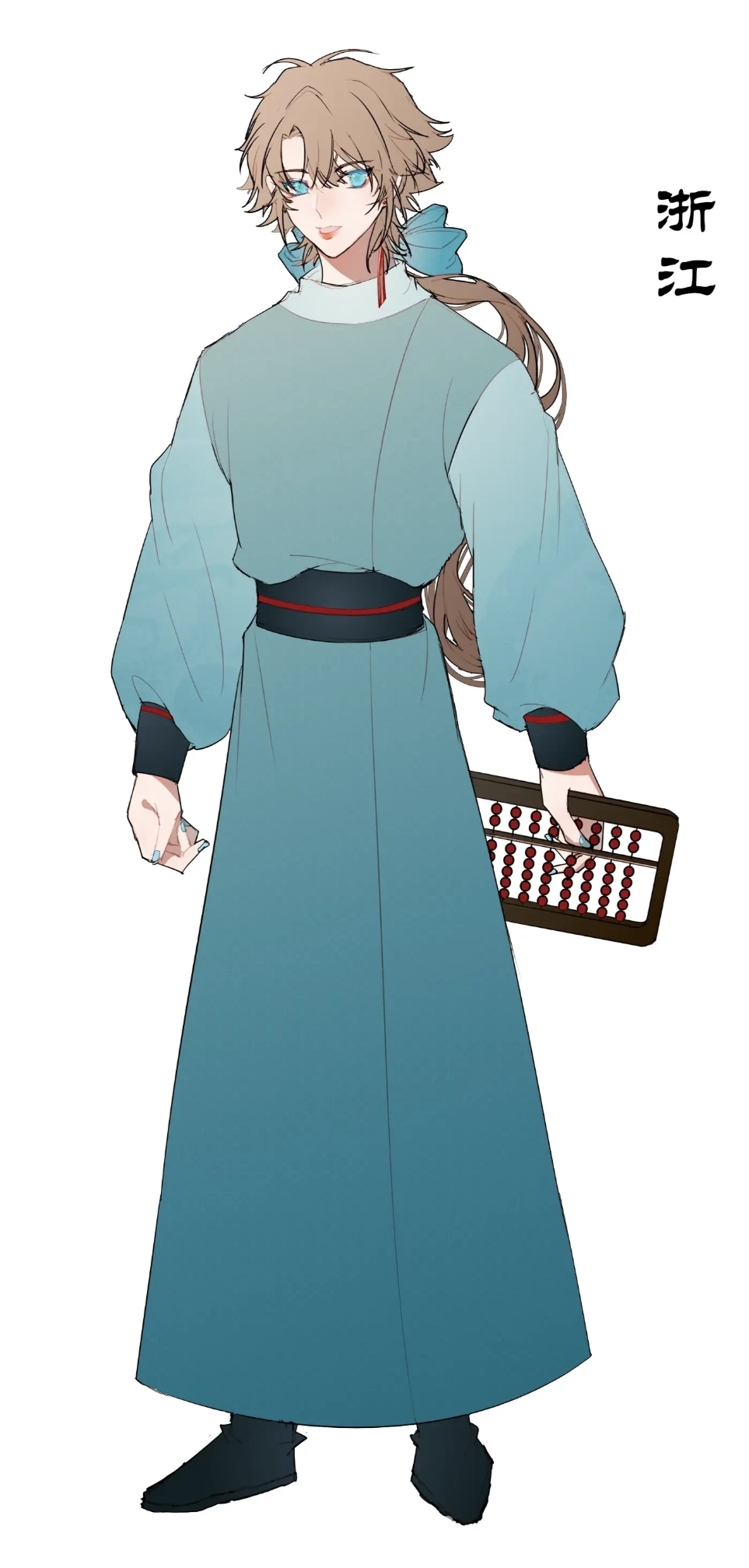 1boy, abacus, black_footwear, blue_eyes, brown_hair, chinese_clothes, chinese_text, earrings