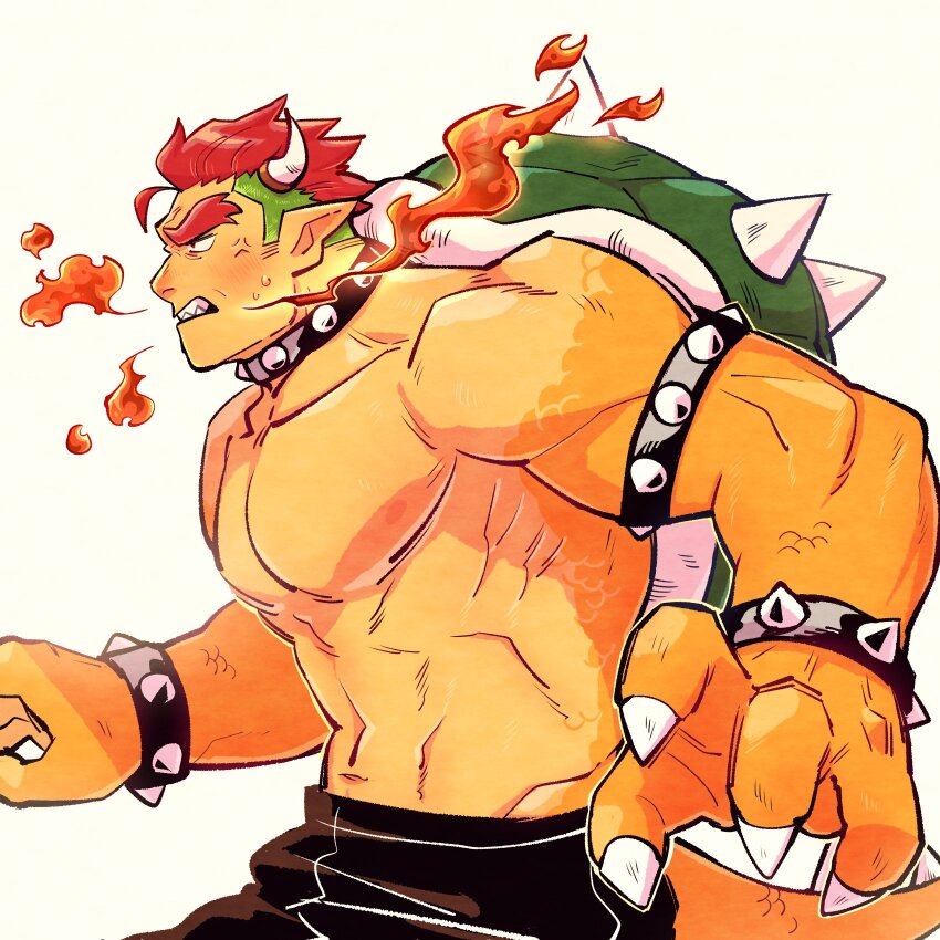anger_vein, angry, armlet, bara, black_pants, bowser, bracelet, breath_weapon