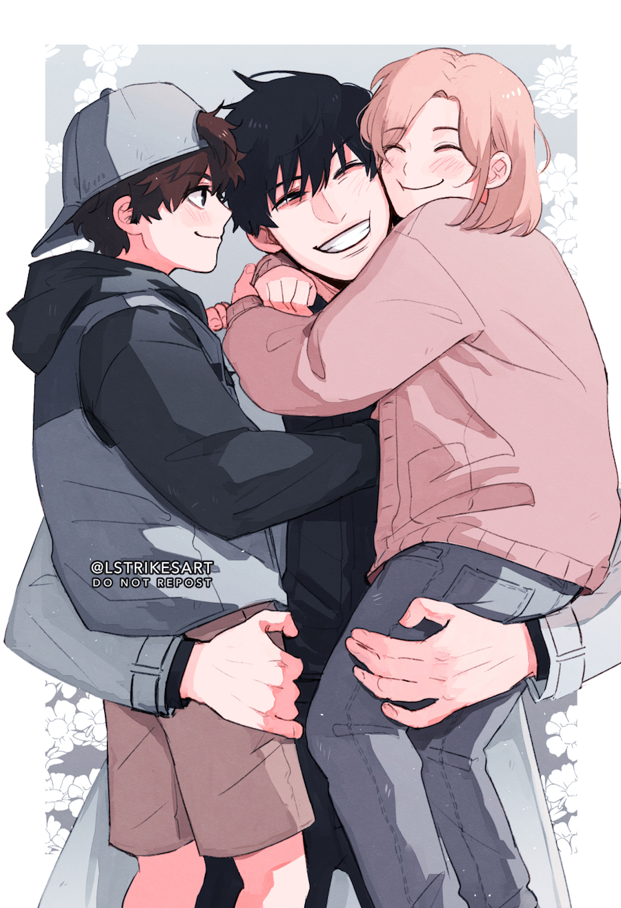 1girl, 2boys, baseball_cap, black_hair, black_shirt, blue_hoodie, blush, border