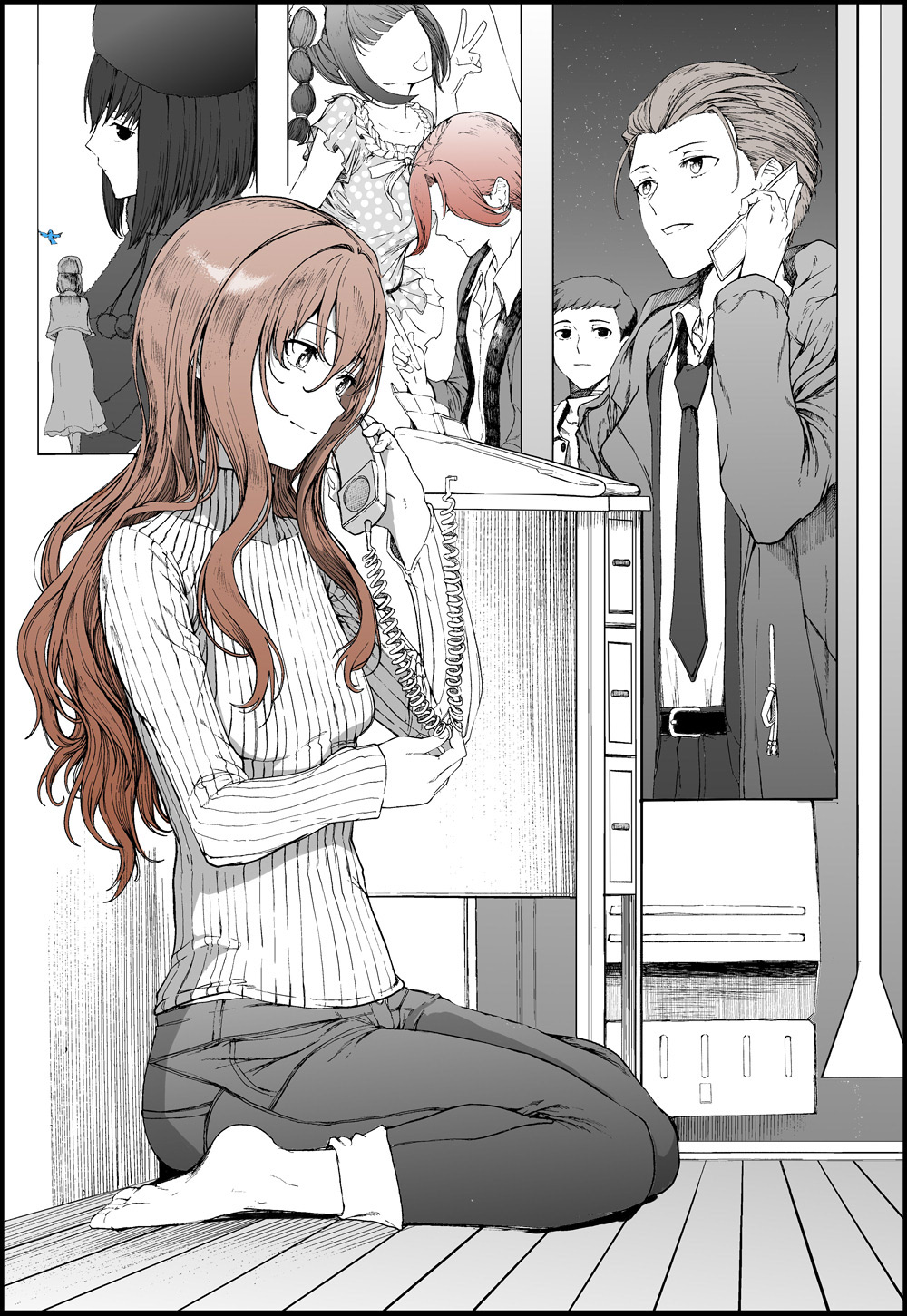 aged_up, bird, cellphone, denim, fate/grand_order, fate_(series), flip_phone, greyscale