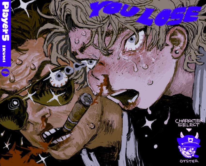 2boys, age_difference, blonde_hair, blood, cigar, crying, gameplay_mechanics, glasses, grey_eyes, highres, mettaflix, multiple_boys, nosebleed, original, sweat, tears