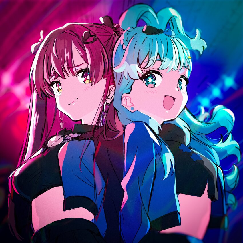 2girls, absurdres, black_shirt, black_shorts, black_skirt, blue_eyes, blue_hair, blue_jacket