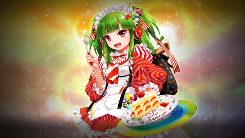 1girl, beatmania_iidx, beatmania_iidx_28_bistrover, bemani, blunt_bangs, food, goli_matsumoto, green_hair