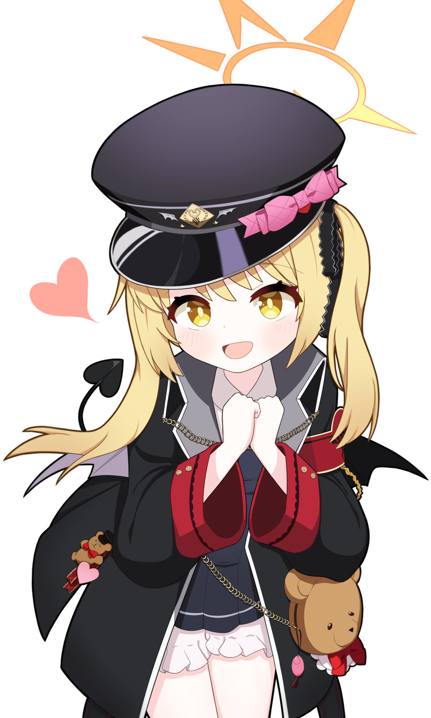 1girl, absurdres, black_coat, black_dress, black_hat, black_tail, black_wings, blonde_hair