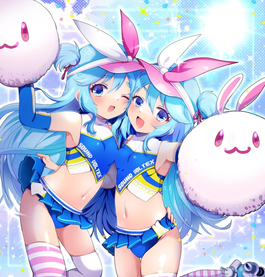 2girls, bemani, blue_eyes, blue_hair, blue_panties, blue_skirt, blue_sleeves, blush