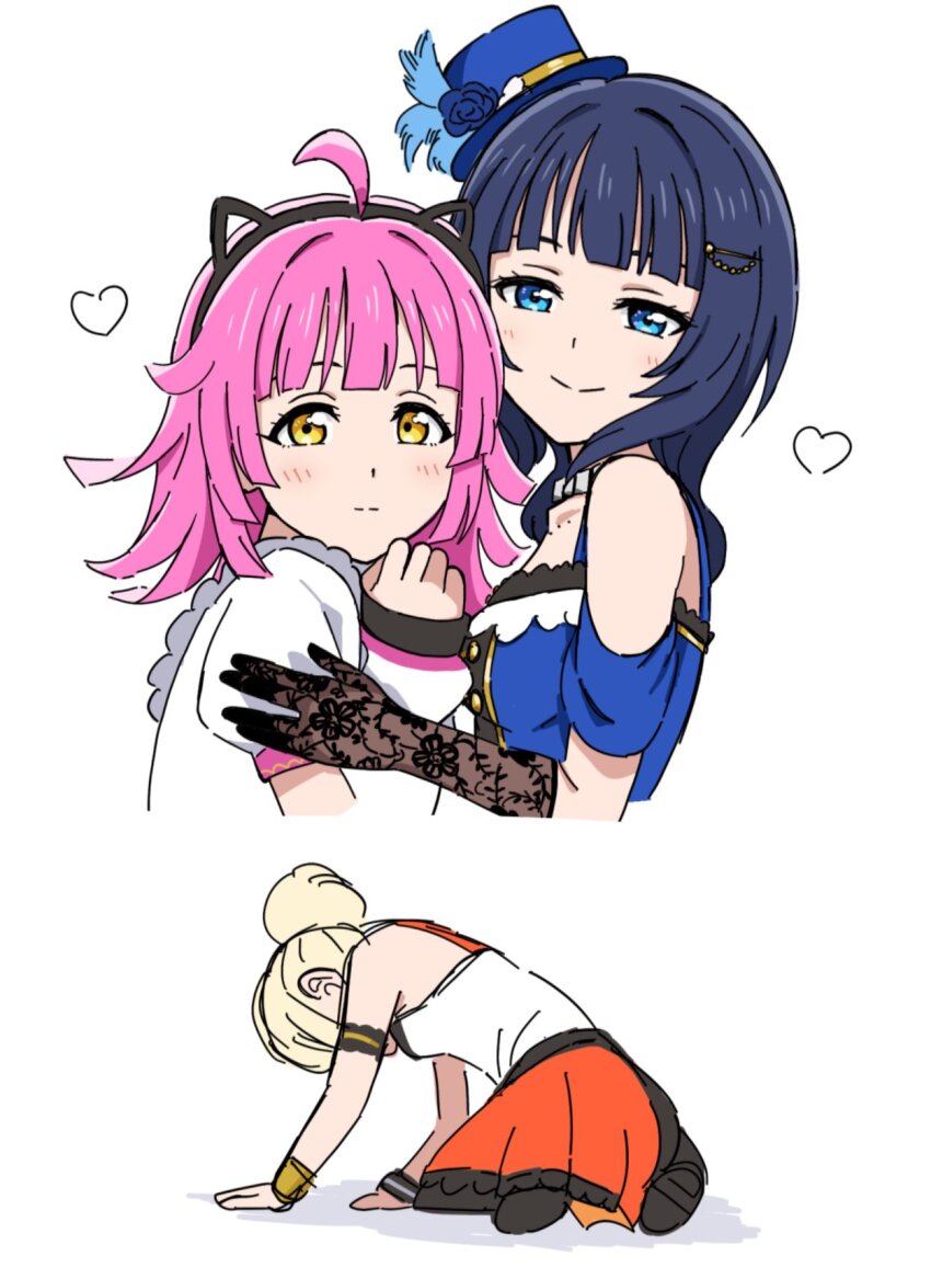 3girls, ahoge, all_fours, animal_ears, arm_warmers, asaka_karin, bare_shoulders, black_footwear