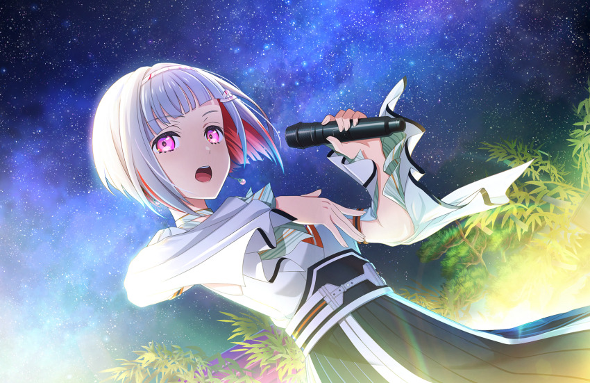 1girl, black_skirt, bob_cut, colored_inner_hair, diagonal_bangs, dutch_angle, earrings, game_cg