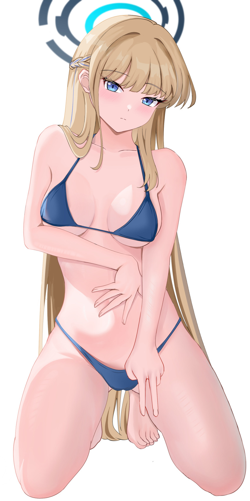 1girl, absurdres, barefoot, bikini, blonde_hair, blue_archive, blue_bikini, blue_eyes