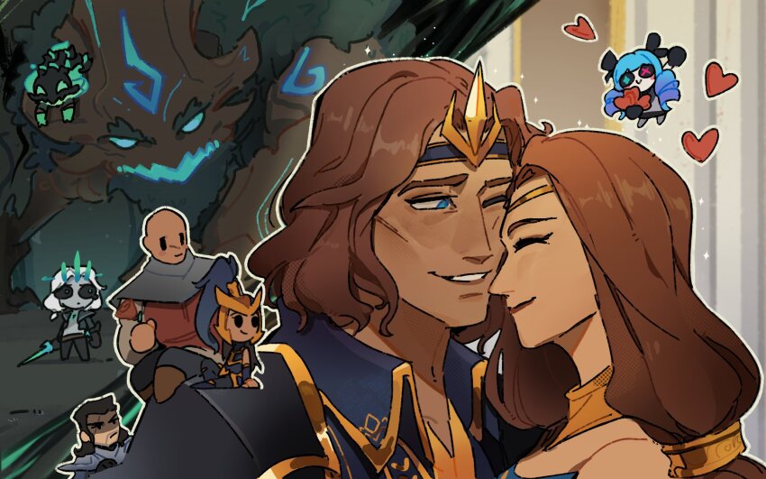 1boy, 1girl, armor, bald, beard, black_hair, black_jacket, blue_eyes