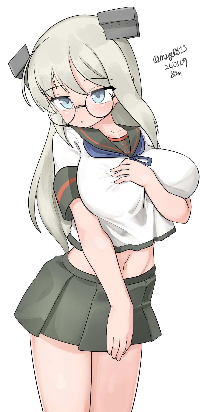 1girl, absurdres, black_sailor_collar, black_skirt, blue_neckerchief, breasts, cosplay, fubuki_(kancolle), fubuki_(kancolle)_(cosplay), fubuki_kai_ni_(kancolle), fubuki_kai_ni_(kancolle)_(cosplay), glasses, grey_eyes, grey_hair, headgear, heywood_l._edwards_(kancolle), highres, kantai_collection, large_breasts, long_hair, maru_(marg0613), neckerchief, one-hour_drawing_challenge, sailor_collar, sailor_shirt, shirt, simple_background, skirt, solo, white_background, white_shirt